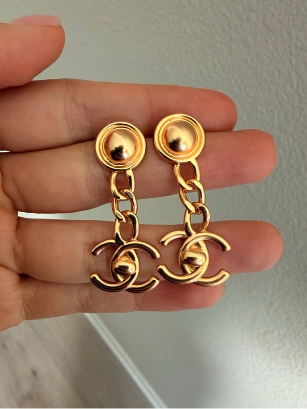 Double C Turn Lock Chain Drop Gold-Tone Logo Earrings For Pierced Ears